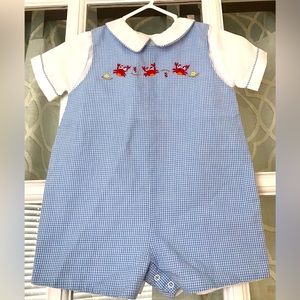 Petit Ami 6 months crabs coastal nautical beach summer blue checked short romper